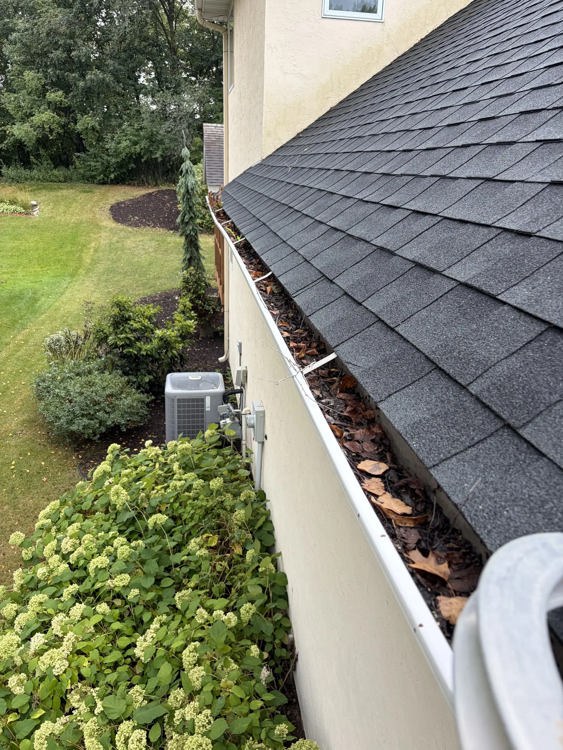 Before: a gutter filled with leaves along a shingled roof